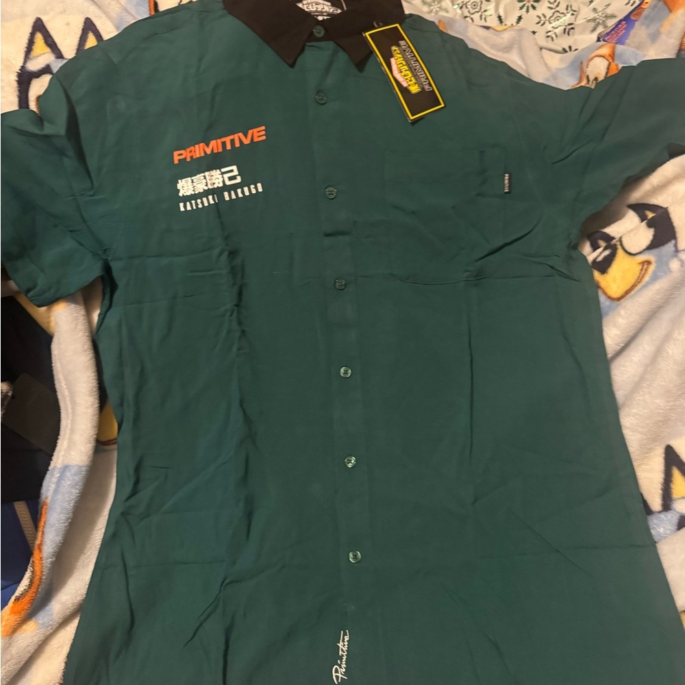 Primitive X My Hero Academia Green and Black Men's Button Down Shirt